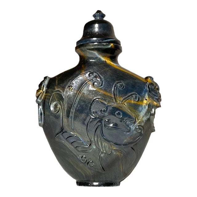 Antique Chinese Hand Carved Tigers Eye Stone Snuff Bottle Jar Sculpture Trinket For Sale