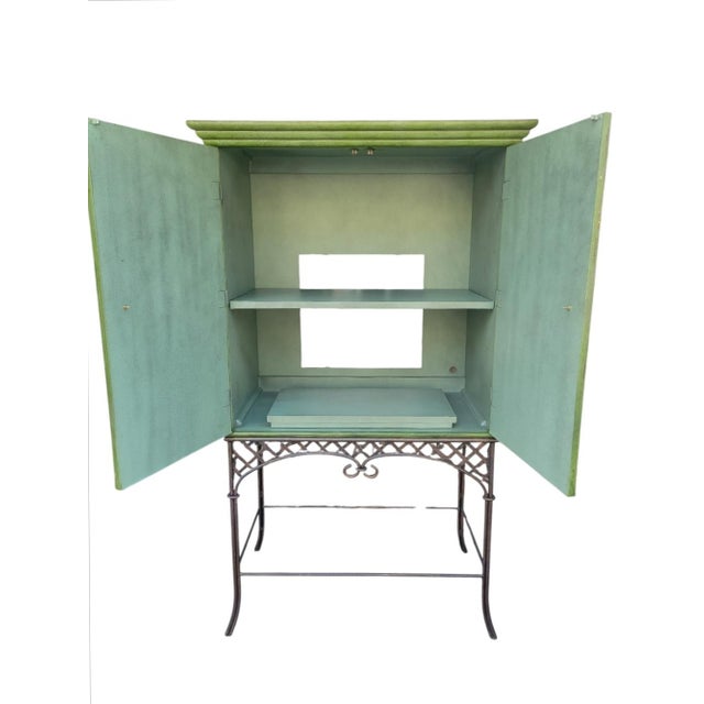 1990s Vintage Customized Painted Green Faux Croc Faux Bamboo Iron Dry Bar Storage Cabinet by Lane For Sale - Image 5 of 18