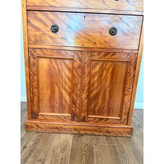 Antique Tiger Maple Gentleman’s Chest of Drawers Late Victorian Curly Maple Chiffonier Refinished Fiddleback Wood Tallboy Cabinet 53" For Sale - Image 12 of 16