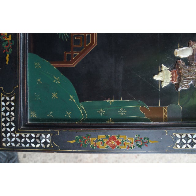 Vintage Chinese Black Lacquer Figural Soapstone Folding Coffee Table Chinoiserie For Sale - Image 12 of 13