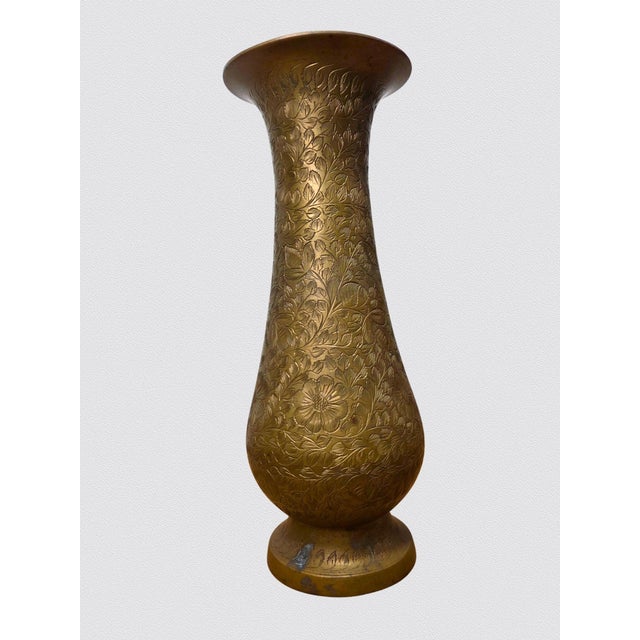 Vintage Anglo Indian Etched Brass Vase 10" Floral Engraved Baluster For Sale - Image 10 of 14
