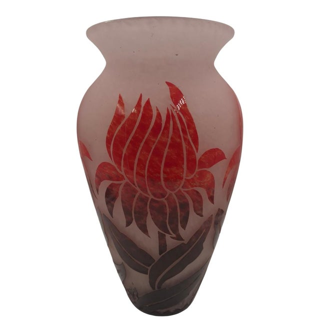 Art Deco Large Degué French Art Deco Acid-Etched Cameo Glass Vase With Ruby Red Floral Overlay, Circa 1925 For Sale - Image 3 of 10