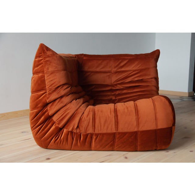 Ligne Roset Amber Togo Velvet Corner Chair, Two and Three Seater Sofas by Michel Ducaroy for Ligne Roset, 1979, Set of 3 For Sale - Image 4 of 12