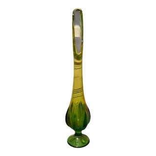 Mid Century Viking Style Swung Glass Vase Chartreuse to Emerald Green Pedestal Art Glass 13.5” For Sale