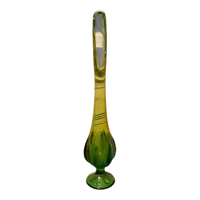 Mid Century Viking Style Swung Glass Vase Chartreuse to Emerald Green Pedestal Art Glass 13.5” For Sale