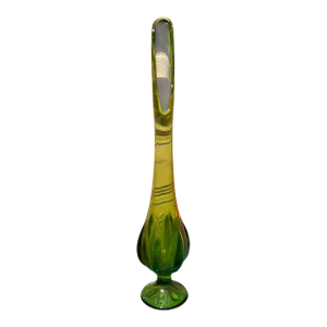 Mid Century Viking Style Swung Glass Vase Chartreuse to Emerald Green Pedestal Art Glass 13.5”