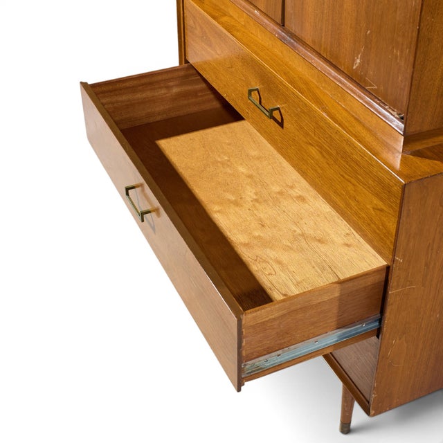 Wood Paul McCobb Style Furnette Mid Century Walnut and Brass Highboy Dresser For Sale - Image 7 of 7