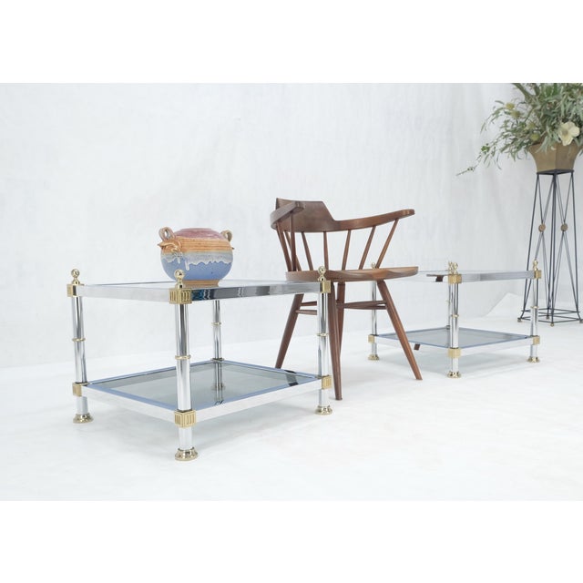 Pair of Square Chrome & Brass Smoked Glass Two Tier End Side Tables MINT! For Sale - Image 9 of 11
