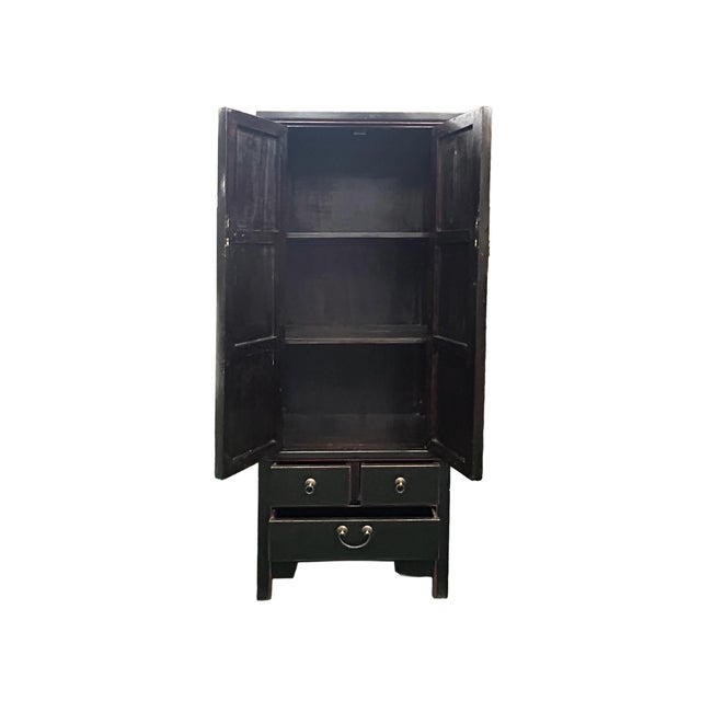 Asian Oriental Black Lacquer Red Trim Narrow Storage Accent Cabinet For Sale - Image 3 of 7