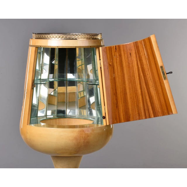 Metal Aldo Tura Parchment Covered Pedestal Bar Light Up Mirrored Interior For Sale - Image 7 of 12