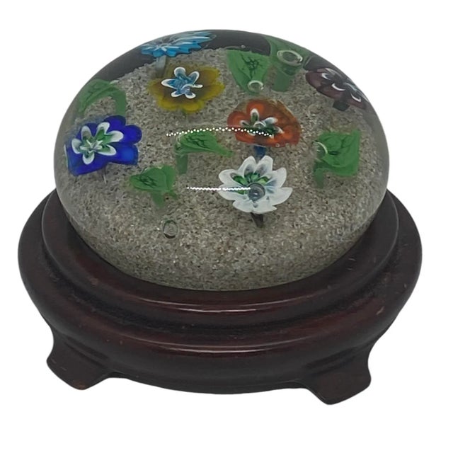 Modern Vintage Ferro & Lazzarini Murano Italy Flower Garden Glass Paperweight With Round Wood Stand For Sale - Image 3 of 12