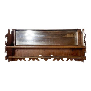 Antique 1940s Carved Wood Wall Shelf With Mirror and Towel Bar For Sale