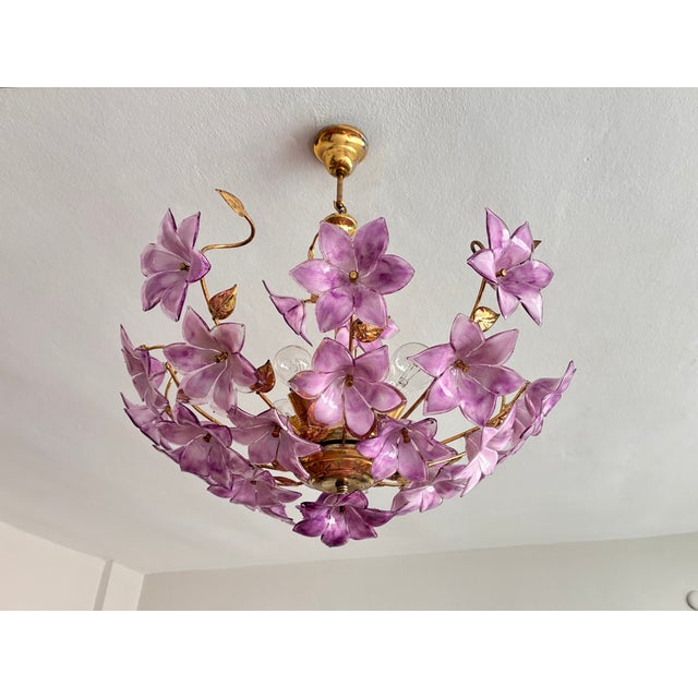 Glass 1980s Italian Style Hand-Painted Pink and Purple Murano Glass Floral Chandelier - 4-Light⁠ For Sale - Image 7 of 18