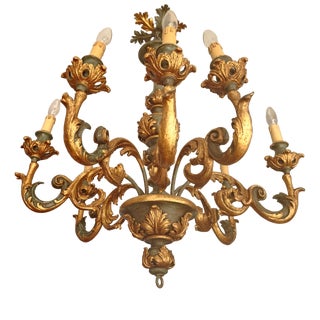Large Vintage Louis XV Rococo Baroque Florentine Wood Carved Floral Chandelier, 1920s For Sale