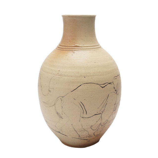 American Stoneware Vase With Elephant Sketch by Bruce Howdle, 1980's For Sale - Image 3 of 9