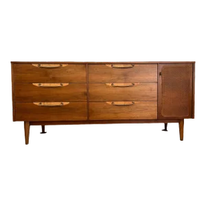 1950s Vintage Mid Century Modern Solid Walnut Dresser With Six Drawers and Cabinet Brass Hardware by Lane Furniture Altavista Line