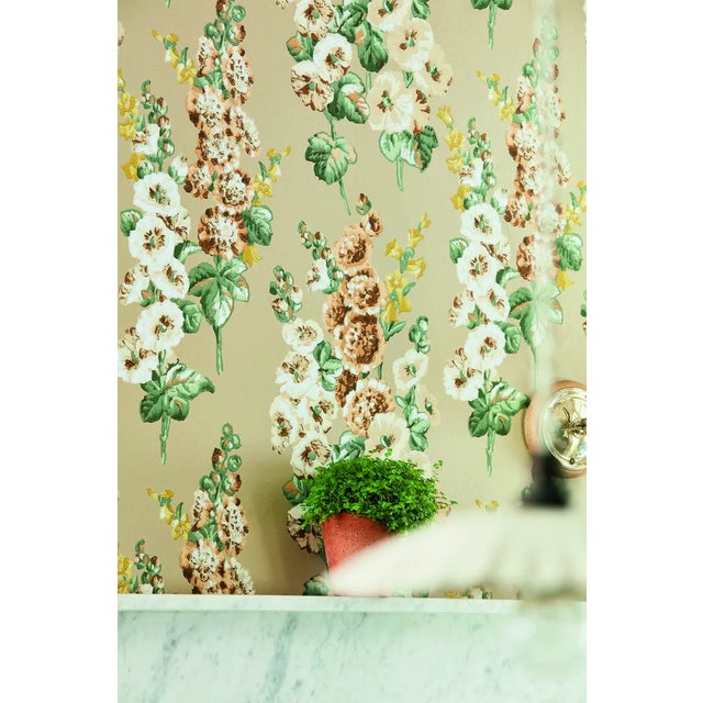 2020s Sanderson Hollyhocks Wallpaper in Fire Pink/Bright Blue - a Sample For Sale - Image 5 of 5