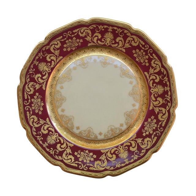 Vintage 30s Heinrich and Co. Selb H & C Bavaria German Porcelain Red and Gold Encrusted Tea Cup and Saucer With Desert Plate - Service for 3 For Sale - Image 9 of 12
