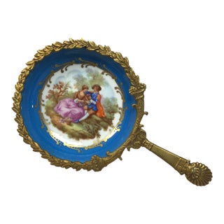 Vintage Sevres France Gold Gilt Brass and Porcelain Handled Dresser Tray For Sale