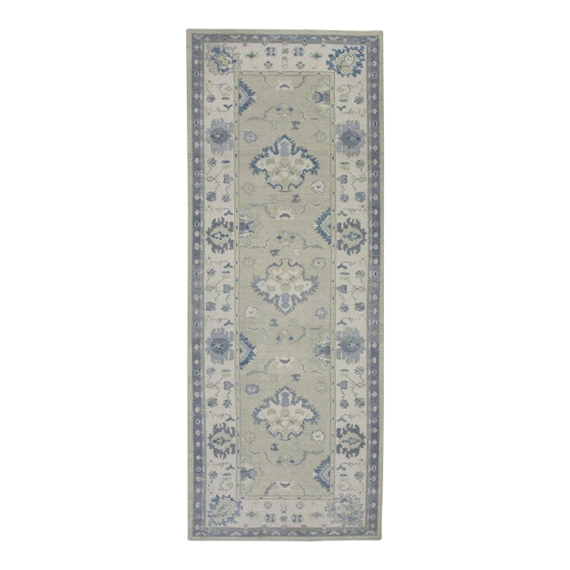 Early 21st Century Green & Blue Floral Design Handwoven Wool Turkish Oushak Runner 5' X 12'10" For Sale