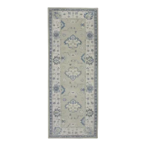 Early 21st Century Green & Blue Floral Design Handwoven Wool Turkish Oushak Runner 5' X 12'10"