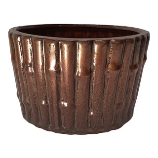 Vintage Faux Bamboo Ceramic Planter in Bronze Glaze. For Sale