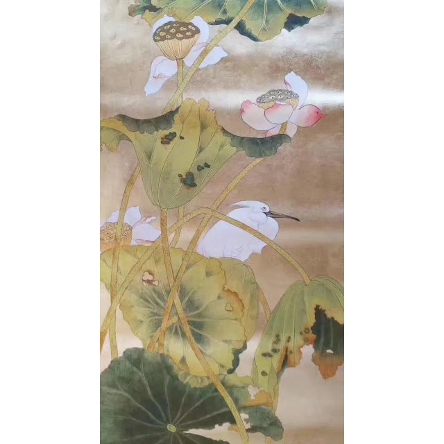 Chinoiserie Chinoiserie Panel Hand Painted Artwork Lotus Leaf Wallpaper Panel For Sale - Image 3 of 3