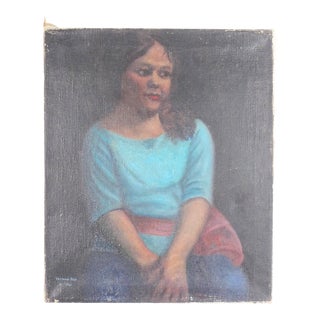 1961 Signed Herman Rich Original Oil Portrait of Girl in Blue with Red Sash - 1961 For Sale