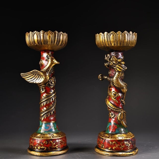Pair Vintage Gilt Brass Cloisonné Dragon Phoenix Candlesticks, Lotus Top Candle Holders For Sale In Los Angeles - Image 6 of 10