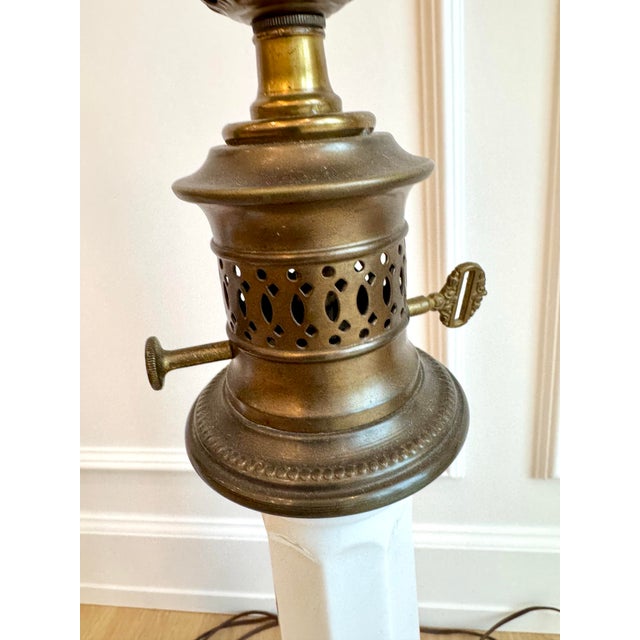 Early 20th Century White Milk Glass & Patinated Brass Table Lamps - a Pair For Sale - Image 4 of 6