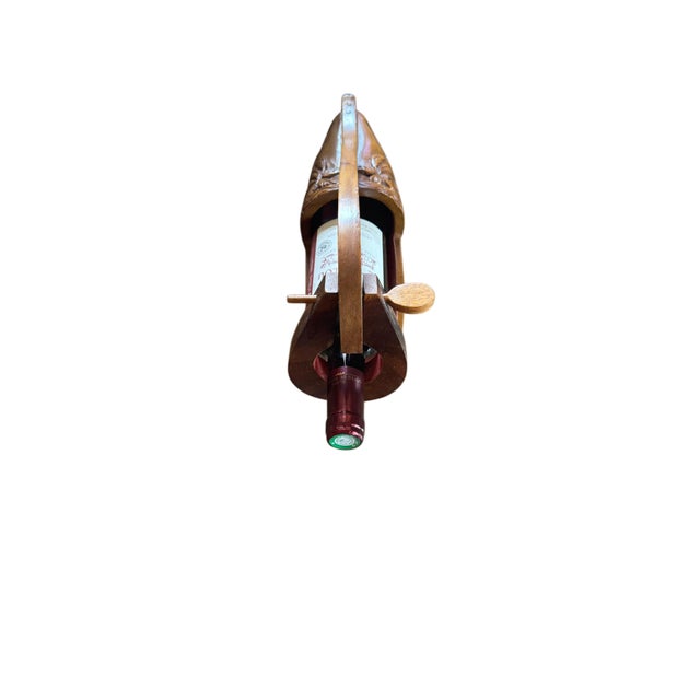 Vintage Hand-Carved Solid Wood Shoe Wine Bottle Holder With Tropical Motif For Sale - Image 4 of 11