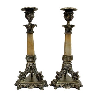 Restoration Period Bronze and Marble Candlesticks, 19th Century, Set of 2 For Sale