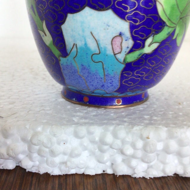 Blue Cloisonné Vases Decorated in Traditional Chinese Wealth Flowers - A Pair For Sale - Image 12 of 13