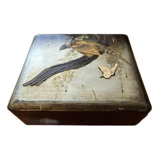Antique Meiji Period Japanese Maki-E Lacquer Box With Raised Golden Pheasant & Inlaid Butterfly For Sale