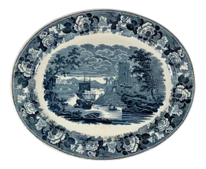 Josiah Wedgwood 'Pembroke Castle' Ships & Floral Steel Gray Blue Transferware Platter