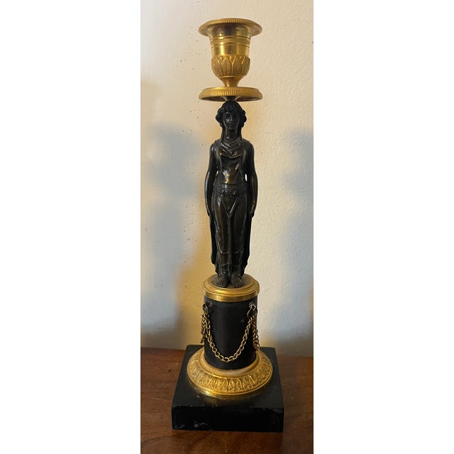 Early 19th Century Antique Early 19th Century French Empire Gilt & Patinated Bronze Caryatid Candlestick Holders Circa 1810 - A Pai For Sale - Image 5 of 12