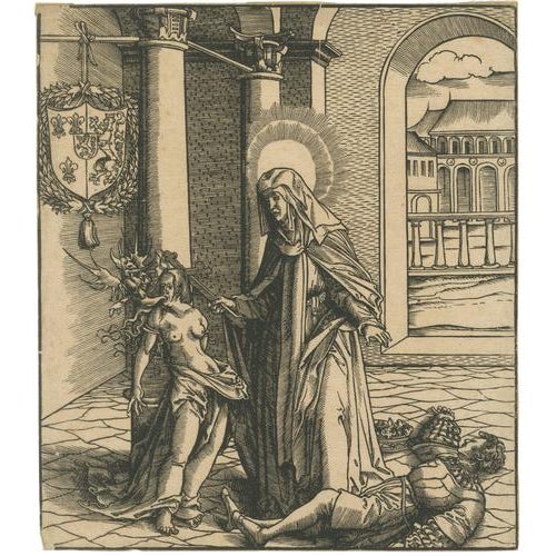 Circle of Hans Burgkmair the Elder, Saint Radegonde Exorcising a Demon, 1516, Woodcut For Sale - Image 9 of 9