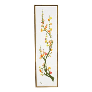 Large Crewelwork Orange Flowers in Gold Bamboo Frame For Sale