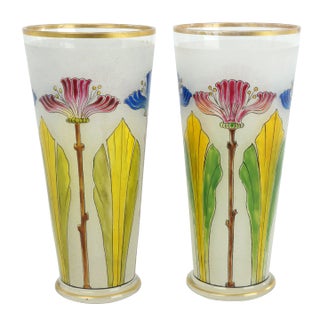 Pair Theresienthal Poschinger Bohemian Art Nouveau Enameled Glasses C 1900 For Sale
