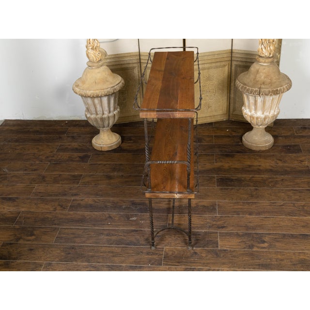 American Midcentury Metal and Wood Two-Tiered Shelving Unit with Twisted Motifs For Sale - Image 9 of 12
