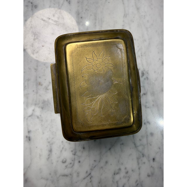 Metal Vintage Brass Engraved Jewelry Casket With Claw Feet For Sale - Image 7 of 7