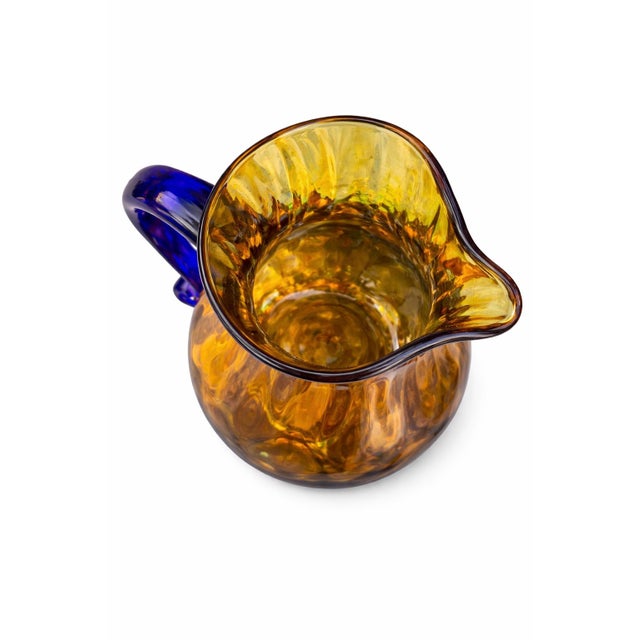 Late 20th Century Amber Hand-Blown Art Glass Pitcher With Cobalt Blue Handle – Sculptural Mid-Century Style (11.5") For Sale - Image 4 of 5