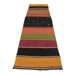 1960s Scandinavian Natural Wool Colorful Striped Kilim Runner Rug For Sale