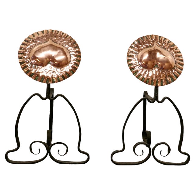 Arts & Crafts Copper and Iron Fire Dogs, 1880, Set of 2 For Sale