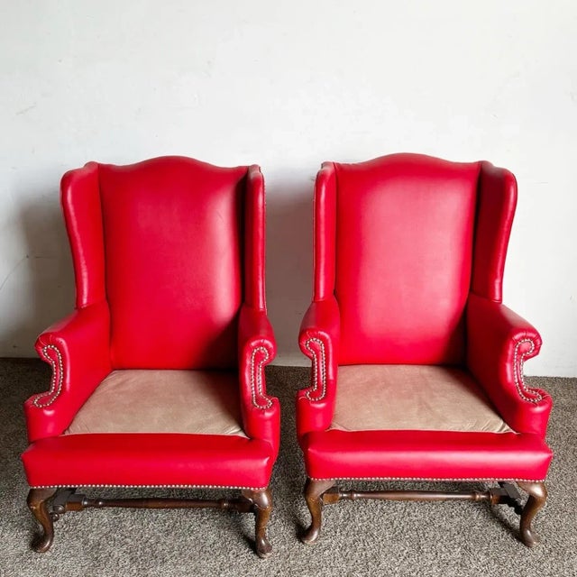 Traditional Red Faux Leather Wingback Chairs - a Pair For Sale - Image 10 of 11