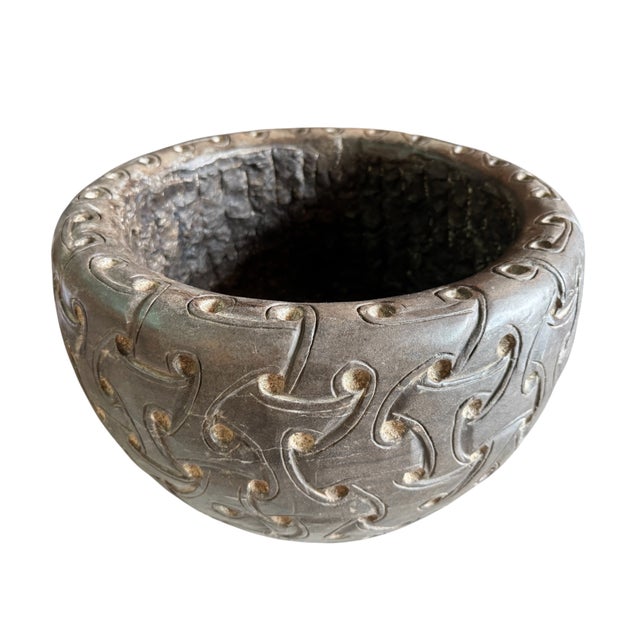 Traditional Carved Stone Planter With Celtic-Style Design For Sale - Image 3 of 13