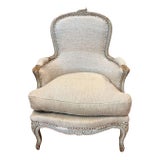 An Antique Pair of Louis XV Style Linen Bergeres From Paris For Sale