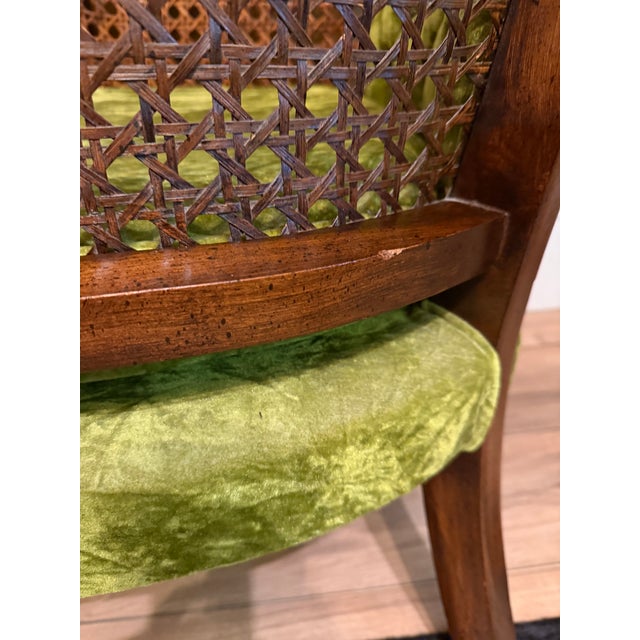 Green Vintage Green Velvet & Cane Accent Chair W/ Cushion For Sale - Image 8 of 14