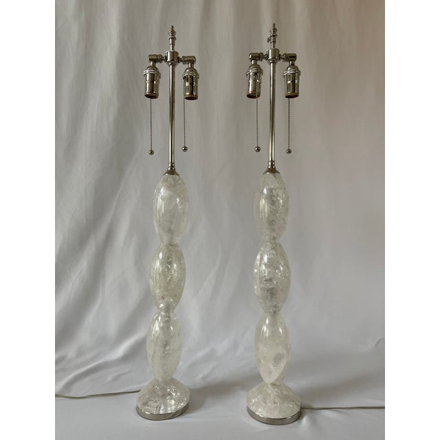 White Hand Carved and Polished Solid Rock Crystal Stacked Lamps With Nickel Hardware - a Pair For Sale - Image 8 of 8