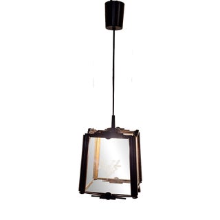 Vintage Handmade Ceiling Lamp with Beechwood Frame and Patterned Glass Panes, 1980s For Sale